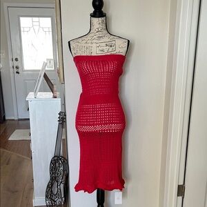 Elegant Red Crochet Strapless Dress